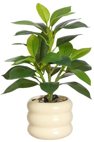 LUWENER Fake Ficus Plant in Ceramic Pot,12 tall Artificial Potted Plants for Home Indoor Office,Faux Ficus Plant for table Bathroom Bedroom Decoration(plant white pot)