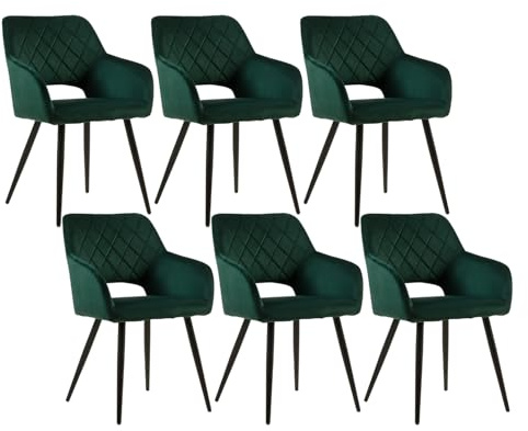 CLIPOP Esszimmerstühle 6er Set, Polsterstühle mit Armlehnen, Metallbeine, Samtbezug, Samt Grün, bis 150 kg belastbar, für Arbeitszimmer, Wohnzimmer, Schlafzimmer (6er, Samt Grün)