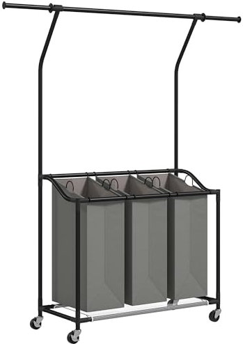HOMCOM 126L Laundry Sorter, Rolling Wash Basket with Hanging Rail and Mobile 3-Bag Organiser for Bedroom, Bathroom, Laundry Room, 88-149.5L x 40W x 167H cm, Dark Grey