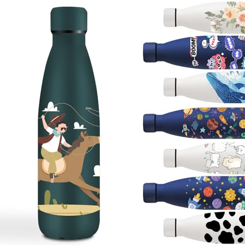 Gourde Isotherme, 500ml Gourde Enfant, Facile à Nettoyer, Bouteille Isotherme, Bouteilles Isothermes avec Vache, Bouteille d'eau anti Fuite, Thermos pour l'École, Bureau, Voyage, Vert Foncé, Sports