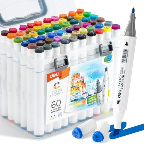 deli 60 Farben Alkoholmarker Set, Twin Marker mit Feiner & Breiter Spitze, Filzstifte im Tragbaren Kunststoffkoffer, Alkohol Marker für Zeichnen, Skizzieren & Kolorieren