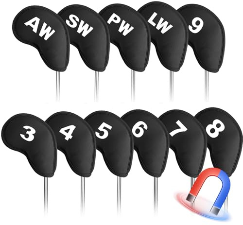 Golf Iron Head Covers Magnetic Neoprene Soft Protection Printed Numbers Value 11 Pcs Set, Golf Headcovers Lightweight Durable for Irons in Blue Black Pink for Men Women (Black)