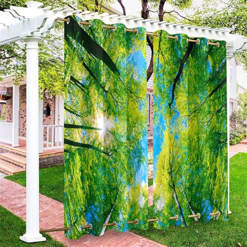 Hiseng Outdoor Vorhänge Wetterfest mit Ösen Oben und Unten, 3D Wald Muster wasserdichte Outdoorvorhänge 2 Set Verdunkelungsvorhang Sichtschutz Vorhang für Garten Balkon (Grün Baum,137x203cm)