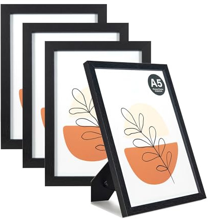 KAIWIN Bilderrahmen A5 Schwarz 4er Set, 21X14.8cm rahmen mit Acrylglas zum aufhängen und aufstellen, Bilderrahmen A5 Holz für Fotos, Bilder