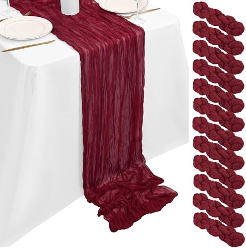 Showgeous 12 Stück Käsetuch Tischläufer Burgund 90x300cm, Käsetuch Rustikaler Burgund Rustikaler Gaze Stoff Transparent Boho Hochzeit Tischdekoration für Hochzeitsempfang Brautdusche Babyparty
