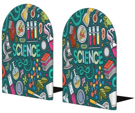 Buchstützen aus Holz mit Cartoon-Wissenschaftsthema, Metallsockel, dekorativer Buchstopper für Zuhause und Büro