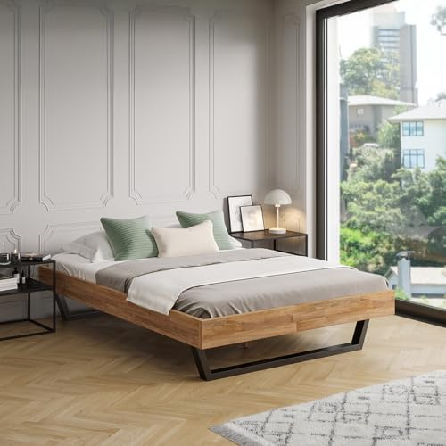skølm Alver Massivholzbett Eiche 140x200cm, Holzbett mit Bettkopf, in Natur | Bettgestell stabil aus Massivholz, Holzbett mit schwarzen Metallkufen,hochwertiges Bett, Bettrahmen geeignet als Doppelbett