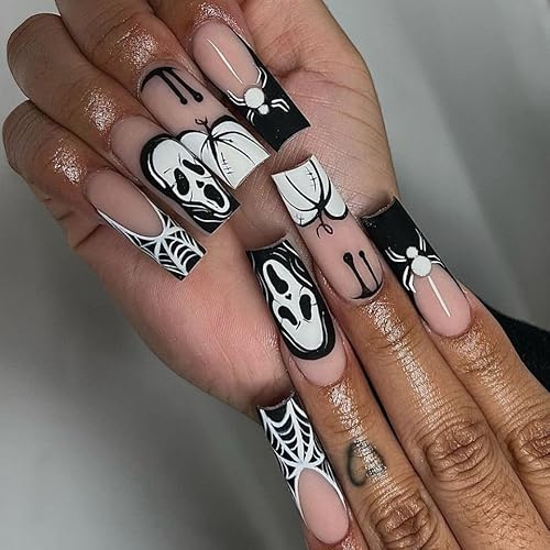 Halloween Long Square False Nail - Spider Skull Pumpkin Press on Nail Design - Stick on Nails for Women - Pink Black Gothic Fake Nails - Elegant Touch Nails