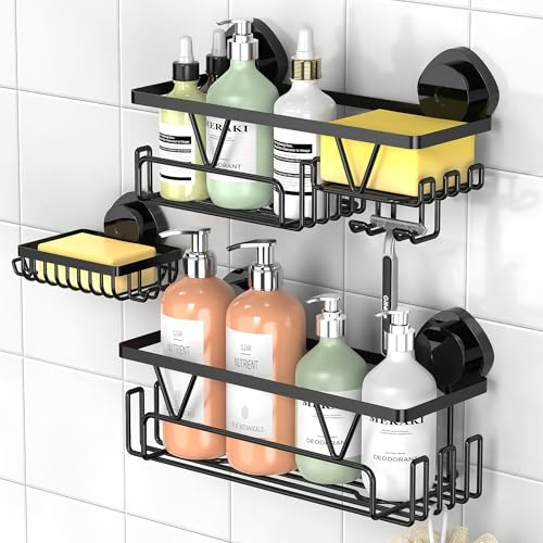 ZUNTO Estantería Baño Ventosas - 3 Piezas Organizador Baño Ventosa Negro Estante Ducha sin Taladro Acero Inoxidable