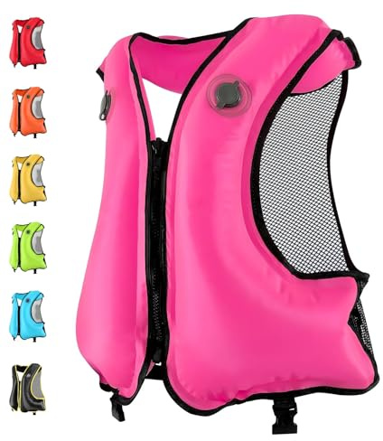 FORWEWAY Adults High-Visibility Inflatable Swimming Jacket Adjustable Buoyancy Vest with Dual Air Chambers for Surfing Kayaking Diving Water Safety (Pink)
