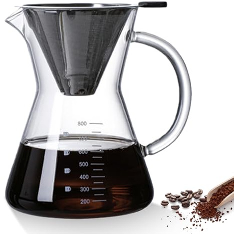 GOMETY Cafetière à Filtre manuel, Carafe en Verre Borosilicate de 800 ml avec Filtre Double Couche en Acier Inoxydable, Cafetière à Filtre avec Poignée, Cafetière en verre pour un café aromatique