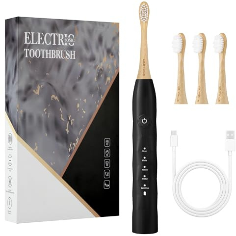 GUFICLE Electric Toothbrush with 4 Bamboo Heads, Bamboo Electric Toothbrush for Adults, Soft Castor Oil Bristles, 5 Modes, Smart Timer, Sonic Technology, IPX7 Waterproof, 60-Day Battery Life-Black