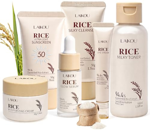 6 Pcs Reis Skincare Set, Rice Gesichtspflege Set Damen mit Reiniger, Toner, Serum, Augencreme, Feuchtigkeitscreme, Sonnenschutz SPF50+, Kosmetik Geschenk für Alle Hauttypen, Reisegröße Hautpflege-Set