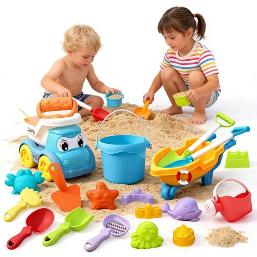 Sandspielzeug Set 19 Stück Sandkasten Spielzeug Strandspielzeug Kinder Junge Mädchen mit Eimer, Strandbuggy, Sandförmchen, und Schaufel Reise Sand Spielzeug ab 1 Jahr für Draußen Strand (C-30pc)