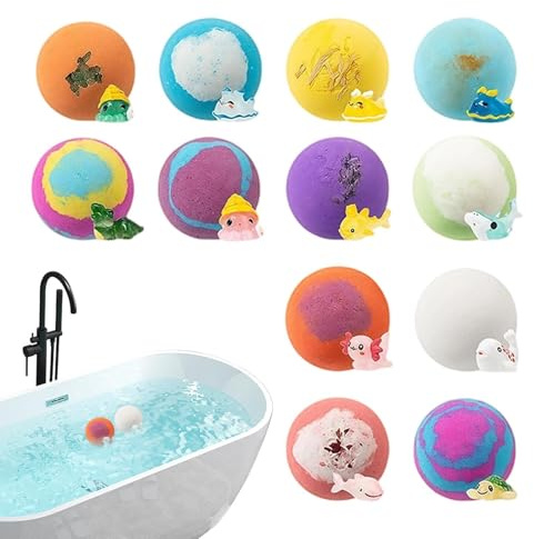 Bombas de Baño Niños con Juguetes Incluidos - Esferas Efervescentes y Surprise Interior | Juego Regalo 12 Piezas Espuma Colorida | Scent Botánico para Chicos Chicas | Cumpleaños Navidad Detalle