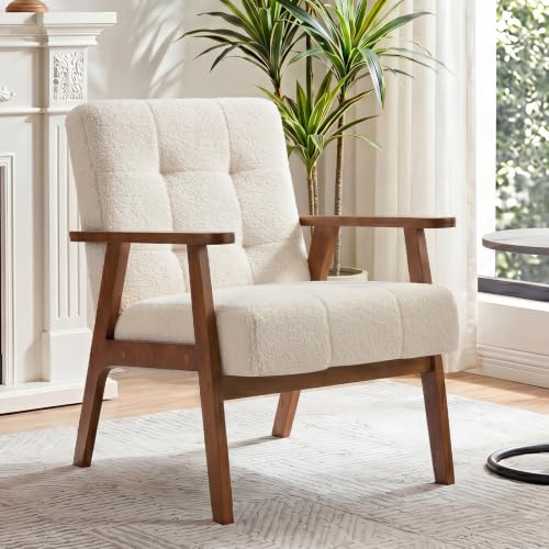 Ckaff Sessel mit Armlehnen, Loungesessel aus Samt mit Dickem Kissen, Cocktailsessel mit Massiven Holzbeinen, Polstersessel für Wohnzimmer, Schlafzimmer, Aufenthaltsraum, Büro, Elfenbeinweiß