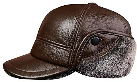 YOUMU Herren Leder Trappermütze Baseball Cap Outdoor Jagd Piloten-Ohrenklappe Winter, dunkelbraun, XXL/59/60 cm