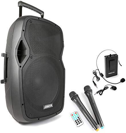 Vonyx AP1500PA Portable PA System 800W Battery Powered 15 Bluetooth Speaker with Wireless Handheld Mics, Bodypack Headset Mic & MP3 USB SD Player