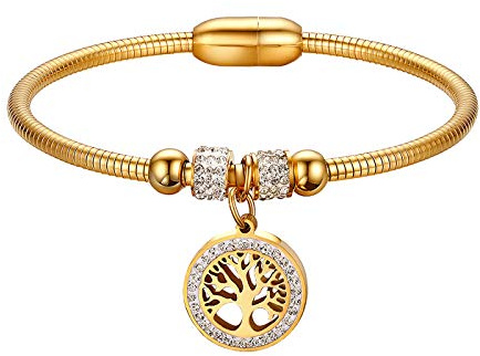 JewelryWe Schmuck Damen Armband Lebensbaum Baum des Lebens Armreif Edelstahl Strass Schlangenkette Armspange Silber/Gold/Rosegold
