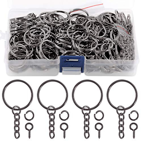Swpeet 450 st 25 mm pistolsvart nyckelringssats, inklusive 150 st nyckelringringar med kedja och 150 st hoppring med 150 st skruvöglestift bulk för smyckestillverkning (pistolsvart)