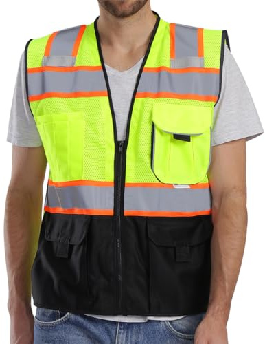 Dib Safety Vest Reflective with Pockets and Zipper, High Visibility Mesh ANSI Class 2, Made with 3M Reflective Tape, Yellow and Black 4XL