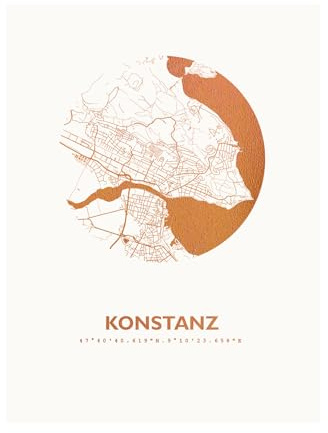 Konstanz Karte - Personaliserte Stadtplan Poster Rund in S/W Rose Gold Silber Kupfer - A4 A3 - Stilsichere Wandbilder Geschenke Arbeitszimmer Wohnzimmer Andenken Heimatstadt