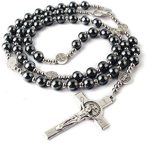 HanlinCC 8mm Hematite Black Stone with 4mm Stainless Steel and St.Benedict Metal Beads Rosary Necklace for Men and Womens (St. Benedict Rosary on Steel Wire)