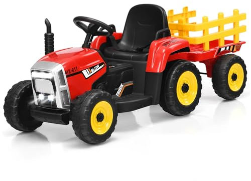 HONEY JOY Ride On Tractor with Trailer, Toddler 3-Gear-Shift Ground Loader, LED Lights, Horn, Music, 12V Battery Powered Electric Toy Tractor with Remote Control (Red)
