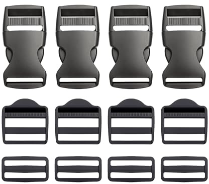 Spänne, stångspänne och stegspänne set, 12-pack, för 15 mm breda bältesremmar, 4 x 15 mm spänne vardera, i svart, bältesspänne med dubbelsidigt klickfäste, spänne för bältesremsklämma