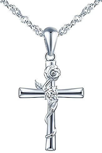 INFINIONLY Collier Boucles oreille femme, ensembles de bijoux en argent 925, pendentif et croix, collier fleur de rose enlacée avec la croix, zircon incrusté, argent