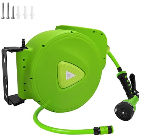 XMTECH Carrete de manguera de agua automático, 30 m + 2 m, montaje en pared, enrollador de manguera giratorio de 180°, conexión de 3/4 pulgadas, caja de manguera para jardín, riego, lavado de coches