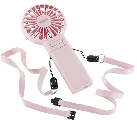 Unold 86644 Handventilator Breezy Fold Pink - Rosa, 3 Geschwindigkeitsstufen, zum Aufstellen oder Umhängen, bis 10 Std. Akkulaufzeit, USB-Ladekabel,Klappwinkel ca. 180°, mit Umhängeband