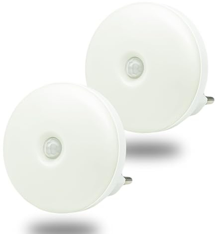 myCozyLite LED Nachtlicht Steckdose, Weiß Nachtlicht Bewegungssensor für Badezimmer, Schlafzimmer, Kinderzimmer, Küche, Flur, Energieeffizient, Smart Sensor, Auto ON OFF, Rund, 2er Pack