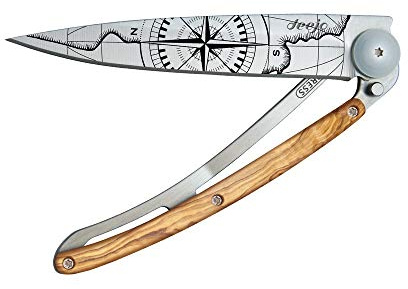 deejo – Klappbares Taschenmesser 37 g mit Gürtelclip – Griff aus Olivenholz, Klinge aus Edelstahl Z40C13 – Motiv Terra Incognita – Tischmesser, Wandern, Camping, Biwak