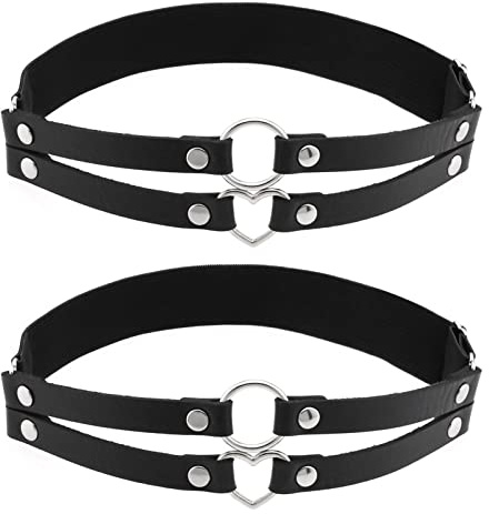 Flongo Damen Oberschenkel Kette Leder schwarz mit Nieten Body Leg Chain harness Strumpfband Bein Kette mit silber edelstahl Herz Körperschmuck Elastisch für Frauen Und Mädchen