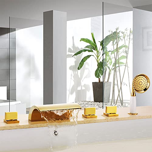 Boyuan Badewannenarmatur Wasserfall Wannenarmatur Messing Wannenbatterie Deck Montiert 5 Löcher Wannenrandarmatur mit Handbrause Badewannenarmaturen Titangold Badewannen Amaturen Set