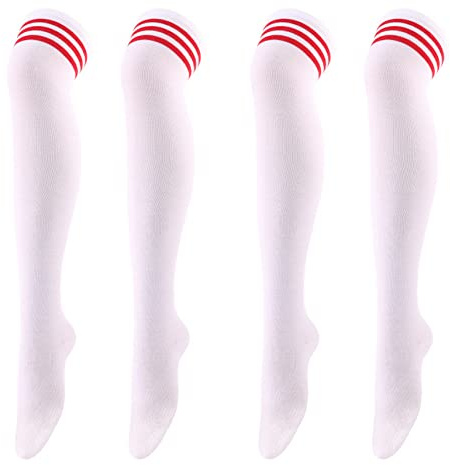 Thajaling 2 stycken kvinnor över knä lårstrumpor, trippelränder höga strumpbyxor långa strumpor, mjuk stretch strumpa för dagligt bruk, cosplay, Vit/röd, one size