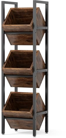 LITTLE TREE 3-Tier Basket Stand, Wooden Floor Stand Shelving Unit, Rustic Standing Organizer Storage Rack for Kitchen, Bathroom, Living Room
