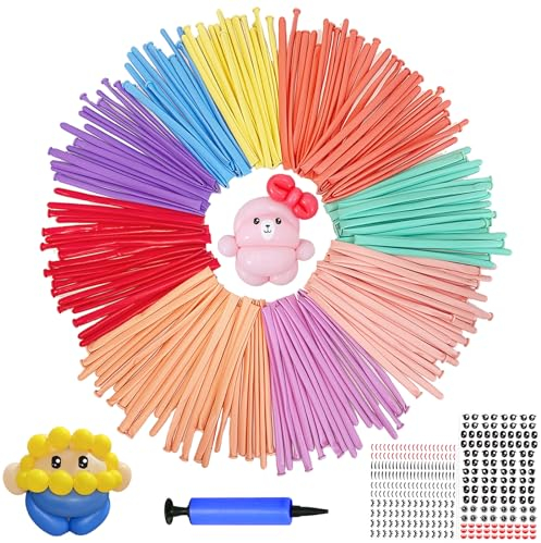 LUKIUP Palloncini Modellabili Lunghi per Animali con Pompa, 100 Pezzi Magici Colorati, Lattice E Adesivi per Occhi, per Feste, Compleano, Matrimonio, Anniversario