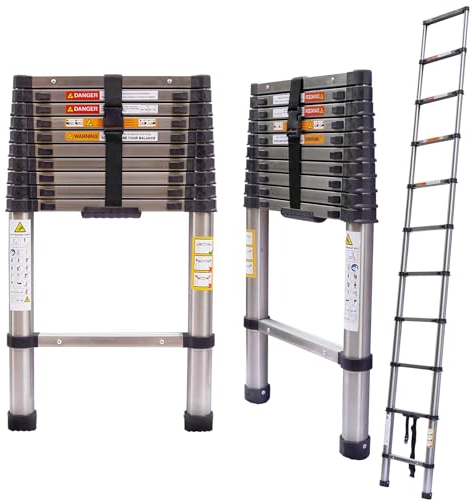 Échelle télescopique de 3,2 m - En acier inoxydable - Polyvalente - Extensible - Portable - Stable - Pour traction, mur, remplacement, ampoule, nettoyage de fenêtre, réparation de toit