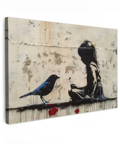 MuchoWow© Bilder Groß XXL Wohnzimmer Deko Modern Wandbild Kunstdruck | 120x80 cm - Leinwand Bild Schlafzimmer über Bett Room Decor Geschenke Street art - Mädchen - Vogel - Graffiti - Banksy