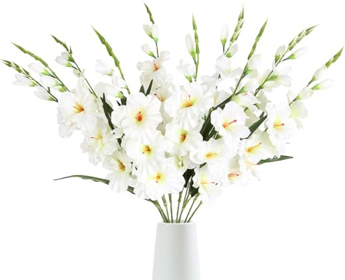 IPOPU Weiße Gladiolen, künstliche Blumen, Gladiolen, Seidenblumen, langer Stiel, für Zuhause, Hochzeit, Büro, Dekoration, Weiß, 10 Stück