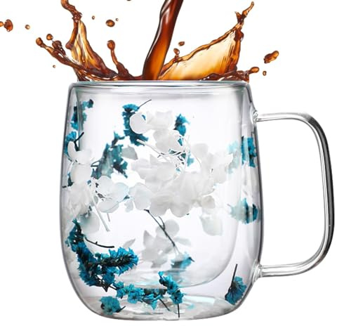 Shurzzesj Double Walled Glass Mugs | Tea Cup Coffee Dried Flower Double Wall Mug,Beverage Glasses Tea Mug Espresso Cups for Cappuccino Milk Juice Cold Drinks