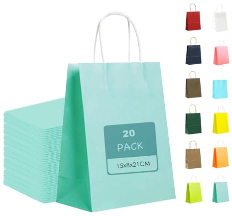 MORAINJAY 20 Stück Geschenktüten mit Henkel,Kraftpapiertüten,15x8x21cm Baby blau Papiertüten für Geschenkverpackung,Gastgeschenke Tüten für Einkaufen,Hochzeiten,Verpackungen,Kindergeburtstag