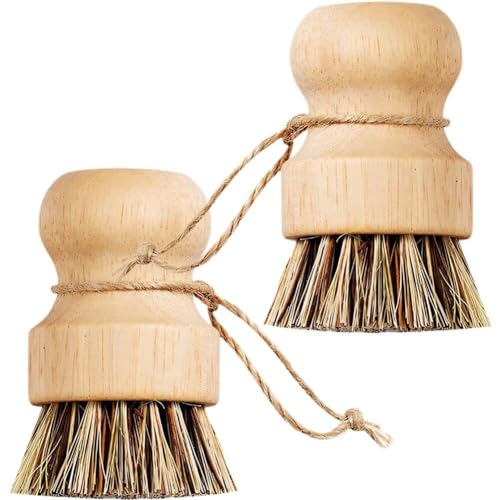 Hrippy 2pcs Wooden Dish Scrub Brushes, Pot Scrubbing Brush, Round Mini Dish Brush, Kitchen Cleaning Scrubbers for Cleaning Pots, Pans, Plate
