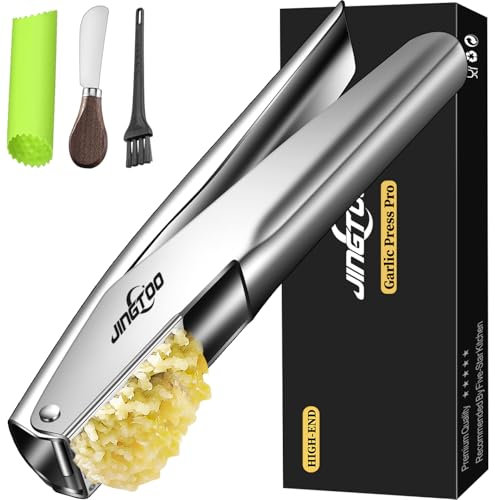 JINGTOO Garlic Press Stainless Steel, Premium Garlic Mincer - 5 Years Warranty - No Need to Peel Garlic Crusher, Ginger Masher & Presser Large Trough Ergonomic Handle, Easy Squeeze，Dishwasher Safe