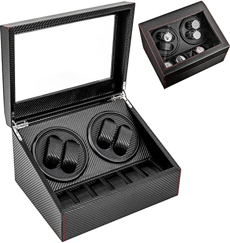 WOLEGM Uhrenbeweger Automatik Uhrenbox, 4+6 PU Leder Uhrengehäuse mit Leisem Motor, 2 Rotations-Modusfür Automatikuhren, Schwarz
