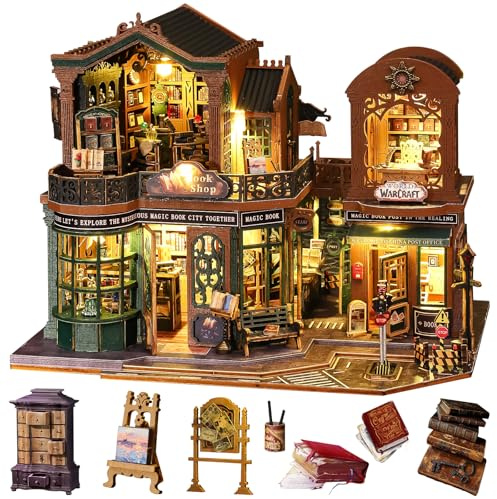 Spilay DIY Miniature House - Puppenhaus Bausatz im Europäischen Burgenstil mit LED-Beleuchtung & Staubschutzhaube & Musikspielwerk (ES017 Twilight Book City)