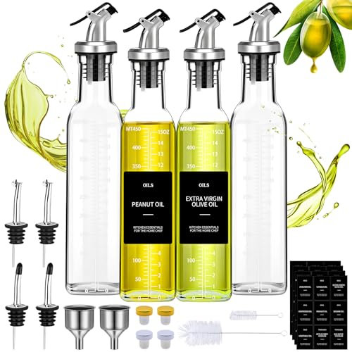 KIMIGO 4 Piezas Botella Aceitera Antigoteo,500 ML Dispensador de Aceite y Vinagre,Set de Aceite y Vinagre con Canalón,Embudo de Acero Inoxidable,Etiqueta,para Cocina,Ensalada,Barbacoa