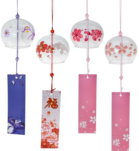 MrMrKura 4 Stk. Japanische Windspiele, Dekorative Glas-Windspiele mit Etikett für Außen Blumen Windglocken Anhänger für Innen Garten Hinterhof Hausdekoration (Sakura)